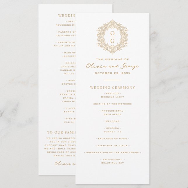 Elegant Gold Heirloom Wedding Programme (Front/Back)
