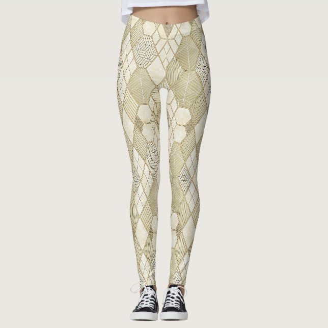 Elegant Gold Hexagon Geometric Pattern - Marble 4 Leggings (Front)