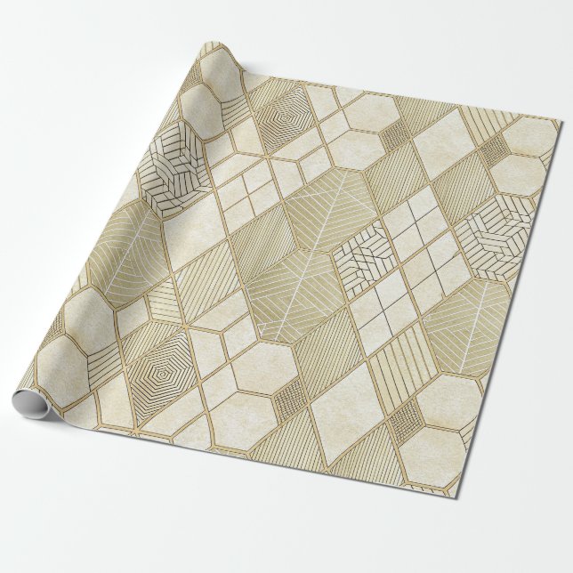 Elegant Gold Hexagon Geometric Pattern - Marble 4 Wrapping Paper (Unrolled)