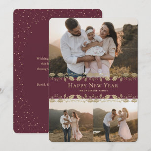Elegant Gold Holly Snow Photo Happy New Year Card