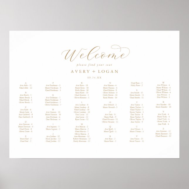 Elegant Gold Horizontal Alphabetical Seating Poster (Front)