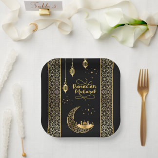 Elegant Gold Islamic Patterns Ramadan Mubarak Paper Plate