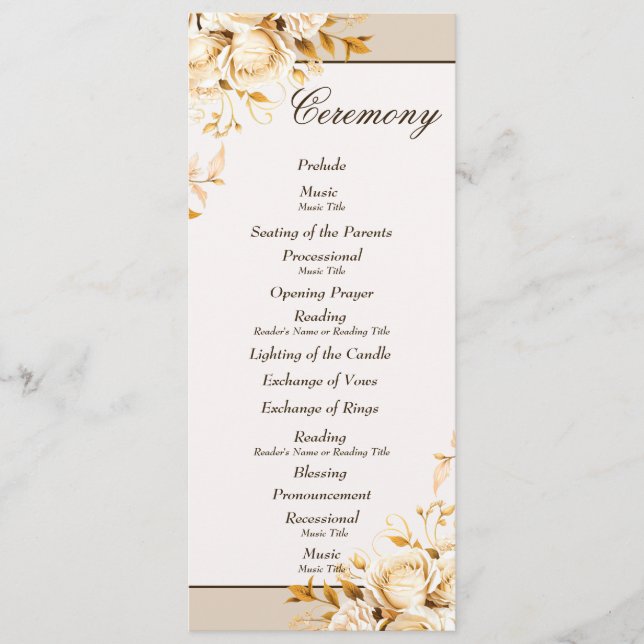 Elegant Gold & Ivory Floral Ceremony Wedding Party Programme (Front)