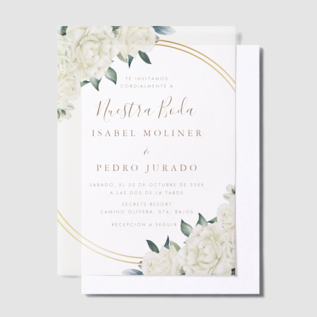 Elegant Gold Ivory Floral Nuestra Boda Wedding Vellum Invitations (Offset)
