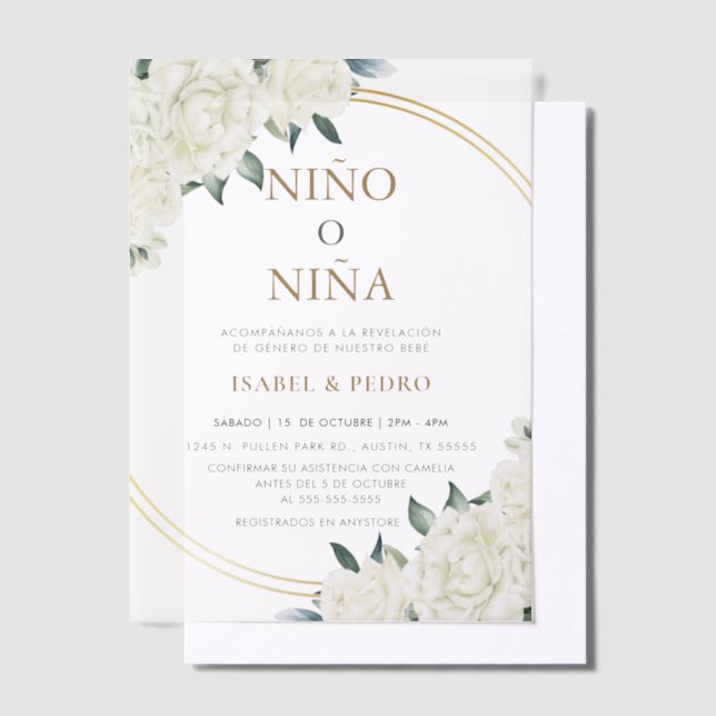 Elegant Gold Ivory Floral Spanish Gender Reveal Vellum Invitations (Offset)