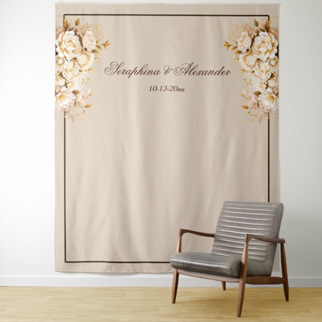Elegant Gold & Ivory Floral Wedding Backdrop Tapestry (In Situ)