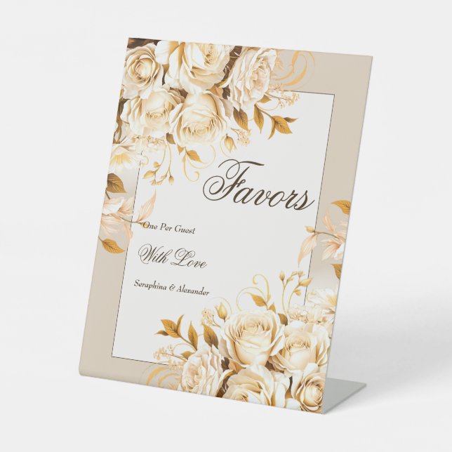 Elegant Gold Ivory Floral Wedding Favours Tabletop Pedestal Sign (Front)
