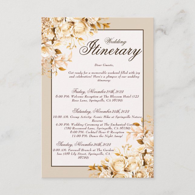 Elegant Gold & Ivory Floral Wedding Itinerary Enclosure Card (Front)