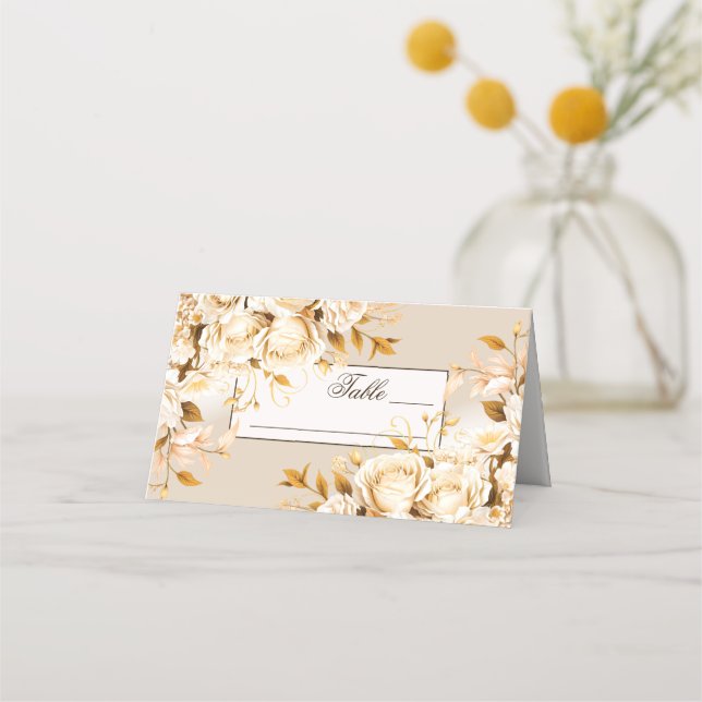 Elegant Gold & Ivory Floral Wedding Place Card (Front)