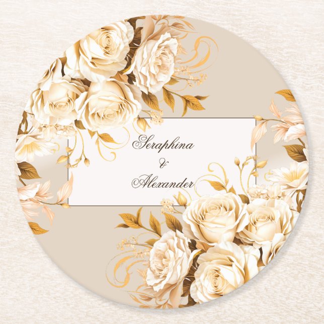 Elegant Gold & Ivory Floral Wedding Round Paper Coaster (Front)