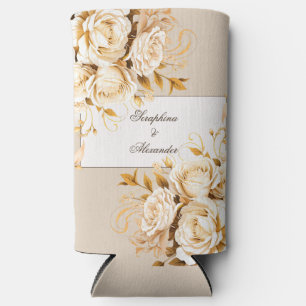 Elegant Gold & Ivory Floral Wedding Seltzer Can Cooler