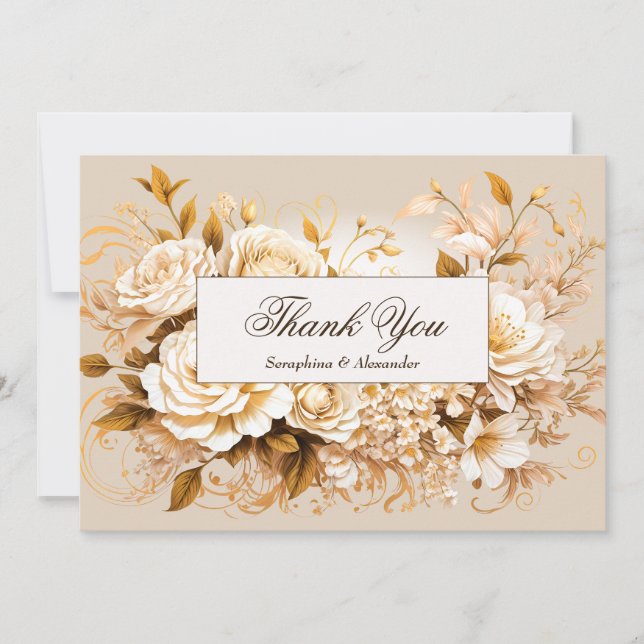 Elegant Gold & Ivory Floral Wedding Thank You (Front)