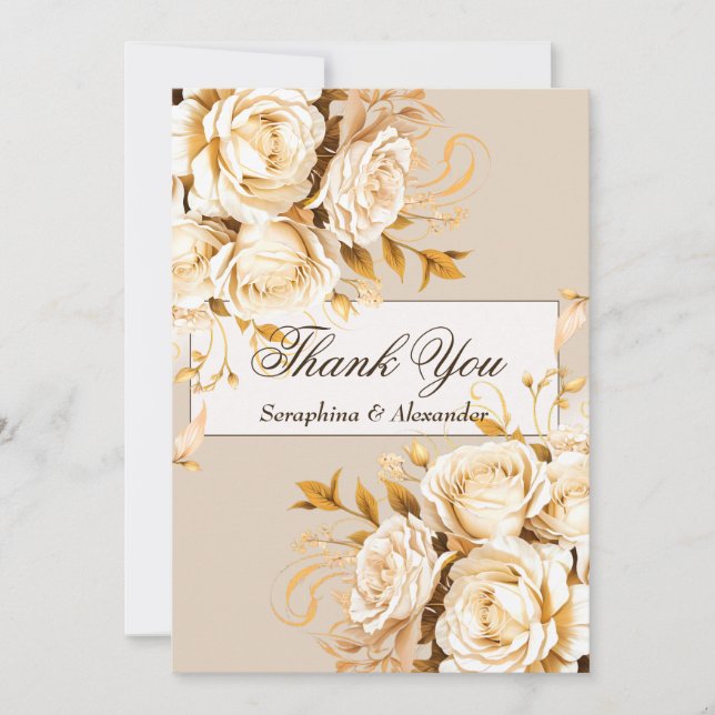 Elegant Gold & Ivory Floral Wedding Thank You Card (Front)
