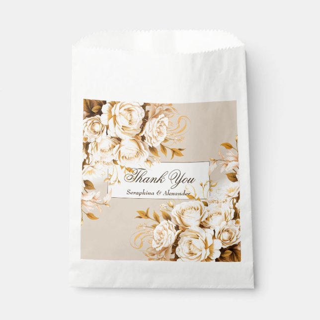 Elegant Gold & Ivory Floral Wedding Thank You Favour Bags (Front)