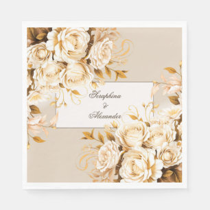 Elegant Gold & Ivory Floral Wedding Thank You Napkin