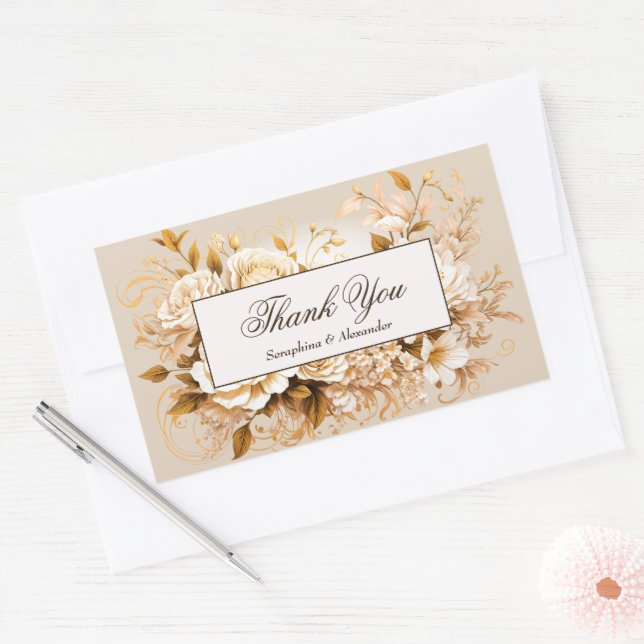 Elegant Gold & Ivory Floral Wedding Thank You Rectangular Sticker (Envelope)