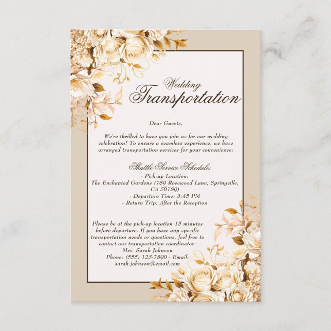 Elegant Gold & Ivory Floral Wedding Transportation Enclosure Card (Front)