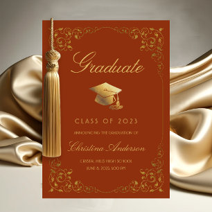 Elegant Gold Ivy Grad Cap Orange Graduation Announcement