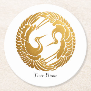 Elegant Gold Japanese Cranes Custom Paper Coaster