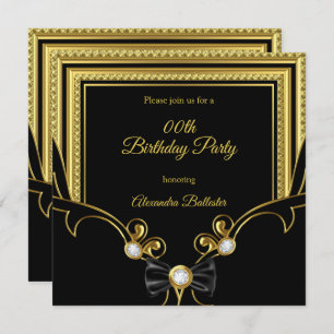 Elegant Gold Jewel Black Bow Birthday Party Invitation
