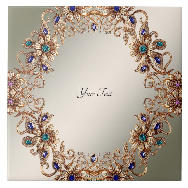 Elegant Gold Jewel Flowers Ceramic Tile (Front)