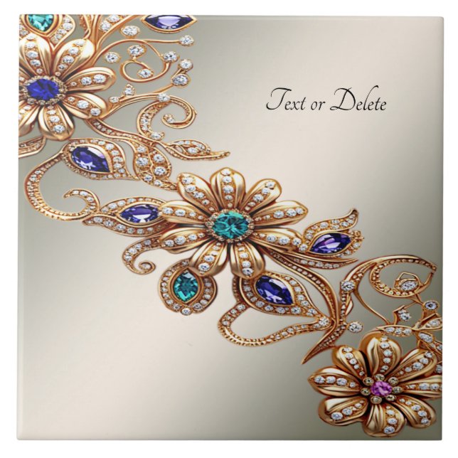 Elegant Gold Jewel Flowers Ceramic Tile (Front)