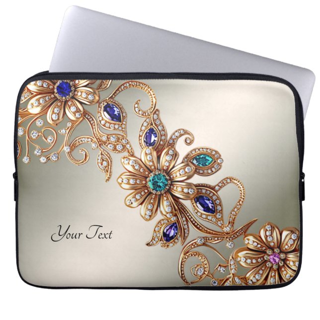 Elegant Gold Jewel Flowers Laptop Sleeve (Front)