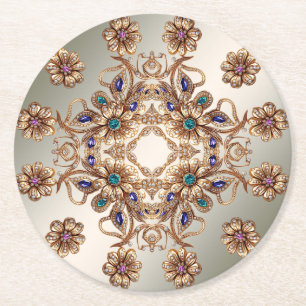 Elegant Gold Jewel Flowers Paper Coaster