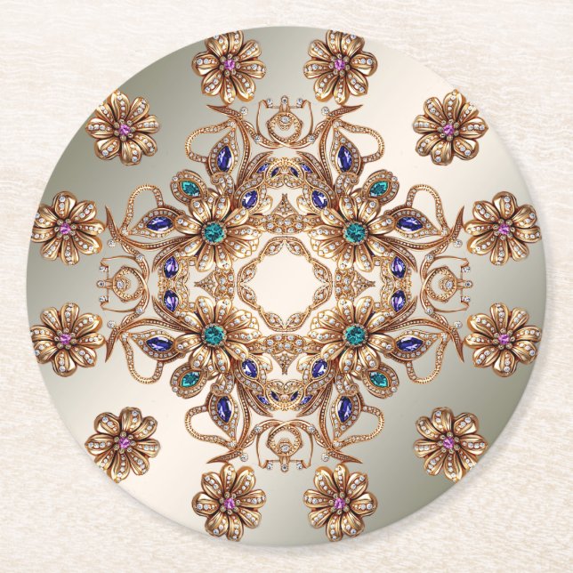 Elegant Gold Jewel Flowers Paper Coaster (Front)