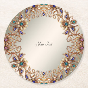 Elegant Gold Jewel Flowers Paper Coaster