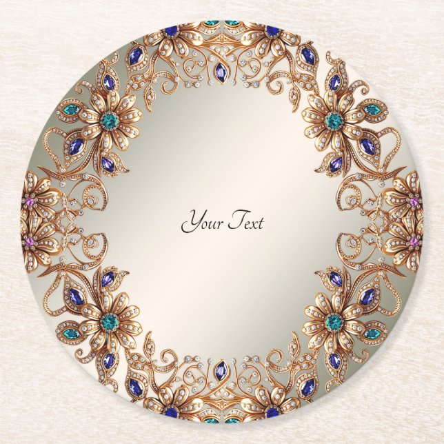 Elegant Gold Jewel Flowers Paper Coaster (Front)
