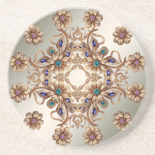 Elegant Gold Jewel Flowers Sandstone Coaster
