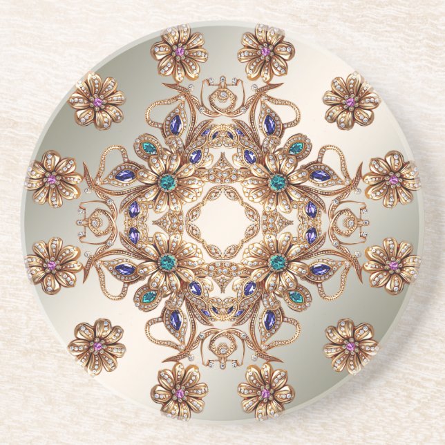 Elegant Gold Jewel Flowers Sandstone Coaster (Front)