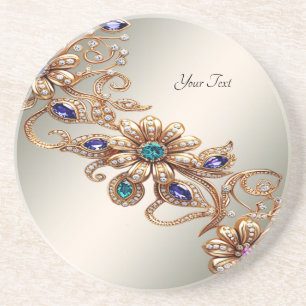 Elegant Gold Jewel Flowers Sandstone Coaster
