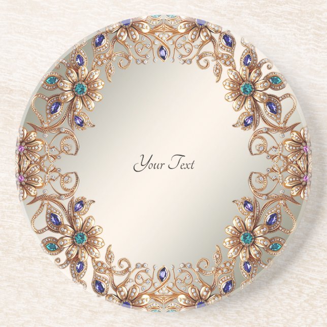 Elegant Gold Jewel Flowers Sandstone Coaster (Front)