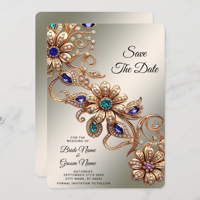 Elegant Gold Jewel Flowers Save The Date (Front/Back)