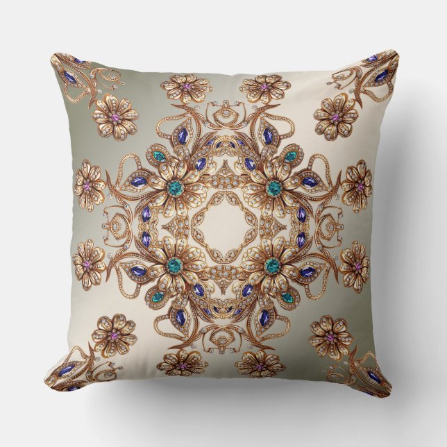 Elegant Gold Jewel Flowers Throw Pillow (Front)