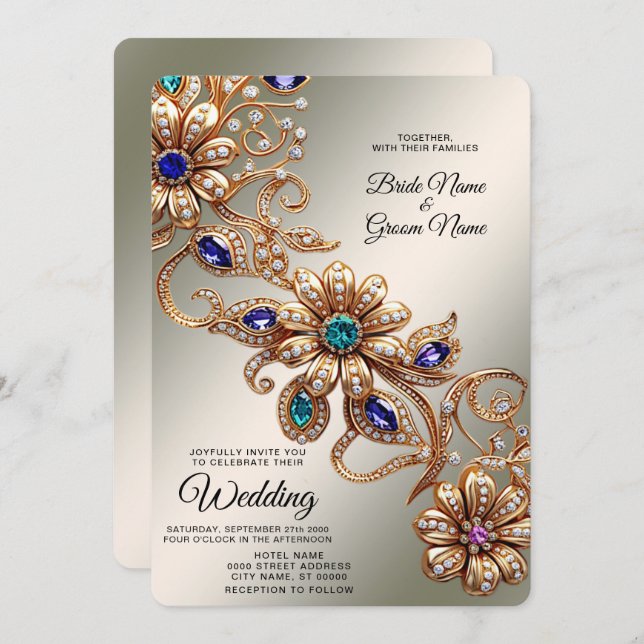 Elegant Gold Jewel Flowers Wedding Invitation (Front/Back)