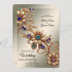 Elegant Gold Jewel Flowers Wedding Invitation
