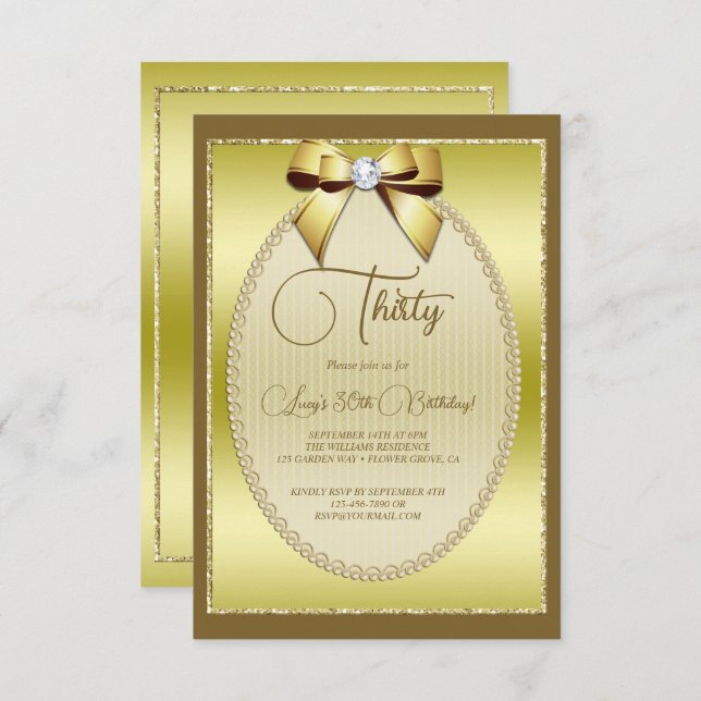 Elegant Gold Jeweled Bow Birthday Invitation (Front/Back)