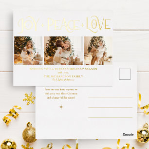 Elegant Gold Joy Peace Love Script 3-Photo Foil Holiday Postcard