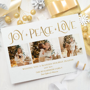Elegant Gold Joy Peace Love Script 3-Photo Holiday Card