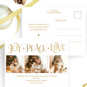 Elegant Gold Joy Peace Love Script 3-Photo Holiday Postcard