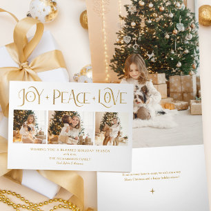 Elegant Gold Joy Peace Love Script 3-Photo Tri-Fold Holiday Card