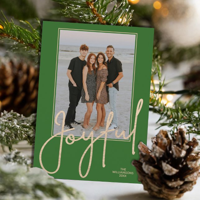 Elegant Gold JOYFUL Script Green Photo Christmas Holiday Card (Elegant Gold JOYFUL Script on green photo Christmas holiday cards, PRINTED and/or INSTANT DOWNLOAD)