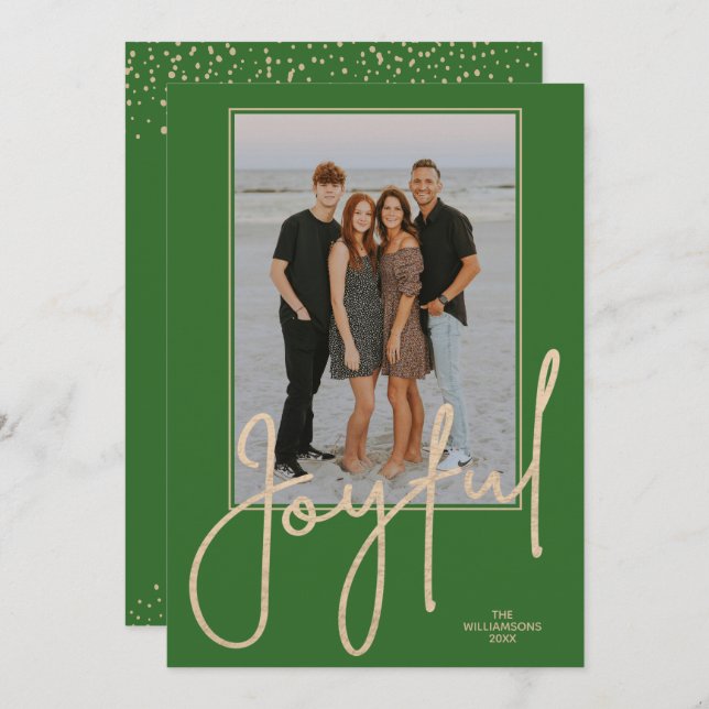 Elegant Gold JOYFUL Script Green Photo Christmas Holiday Card (Front/Back)