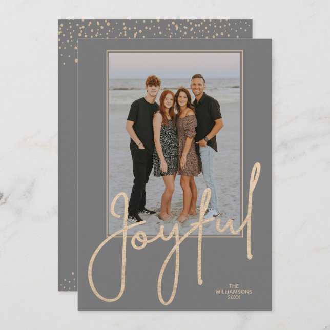 Elegant Gold JOYFUL Script on Grey Photo Christmas Holiday Card (Front/Back)