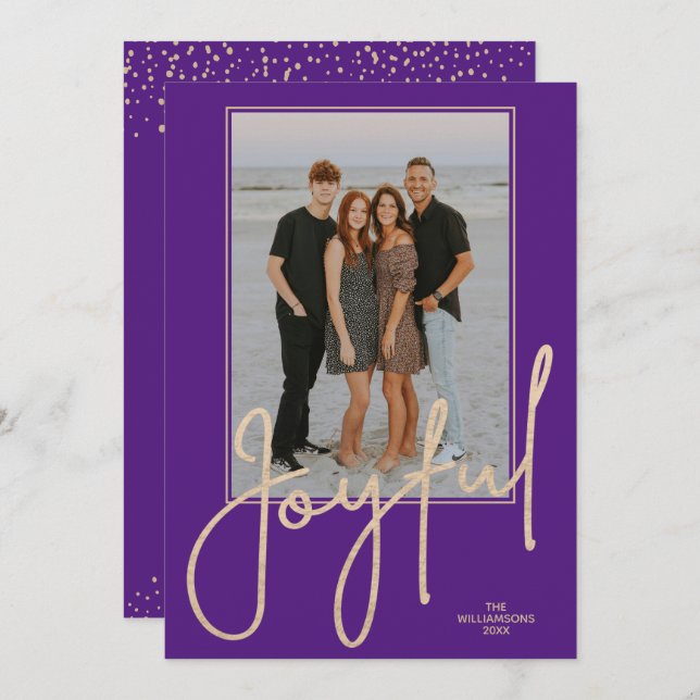 Elegant Gold JOYFUL Script Purple Photo Christmas Holiday Card (Front/Back)