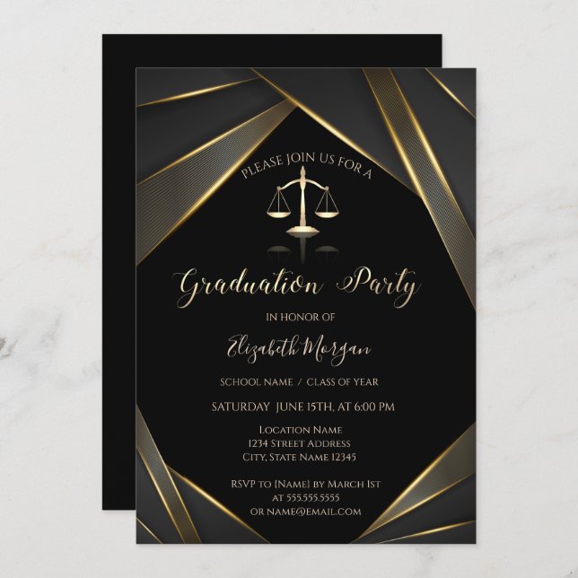 Elegant Gold Justice Scale Black Graduation Invitation (Front/Back)