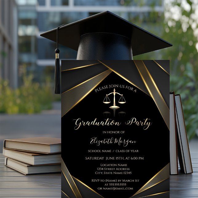 Elegant Gold Justice Scale Black Graduation Invitation (Creator Uploaded)